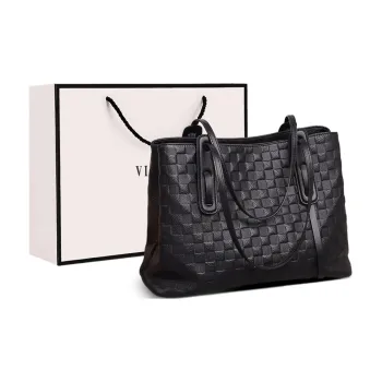 VINEY Cow Leather Bonded Synthetic Leather Shoulder Bag Portable Tote Large Size Women's Black