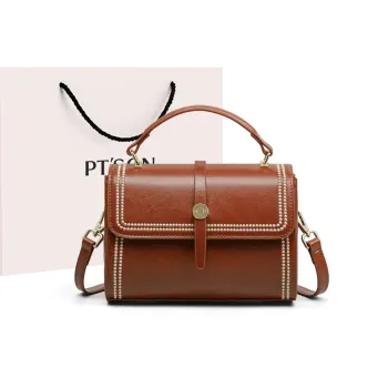 PT'SON Cow Leather With Synthetic Leather Handbag, Shoulder Bag, Crossbody Bag Small Size Women's Brown