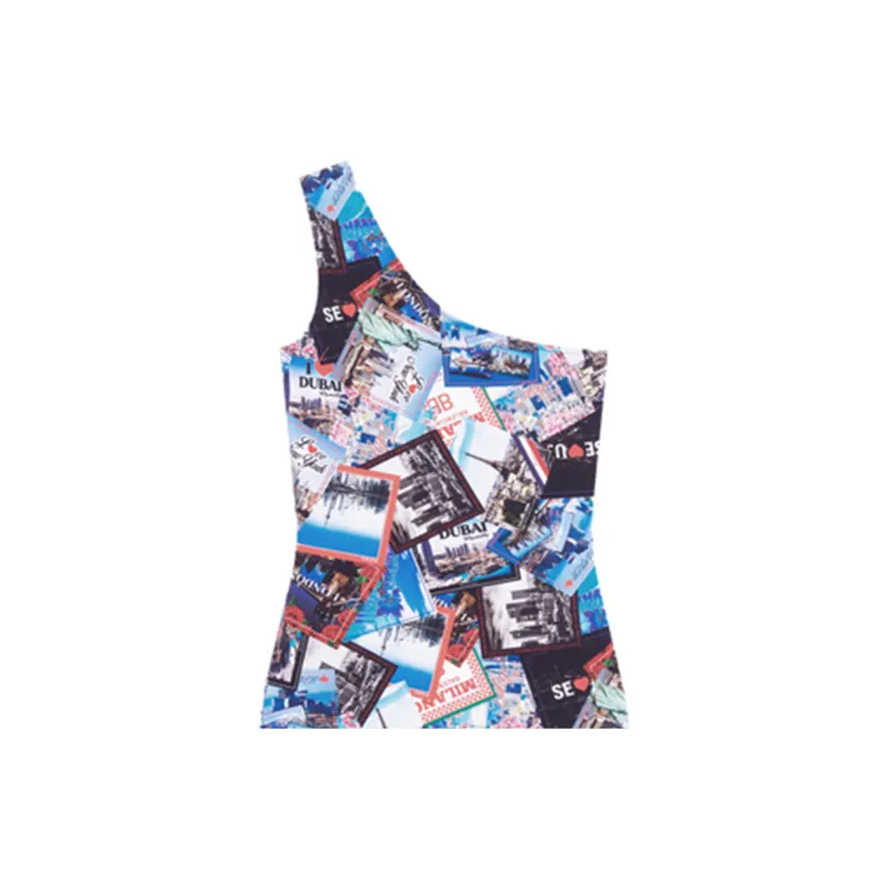 Balenciaga Women'ss Allover Cities Asymetric Mini Dress Grey/Blue/Multi-5