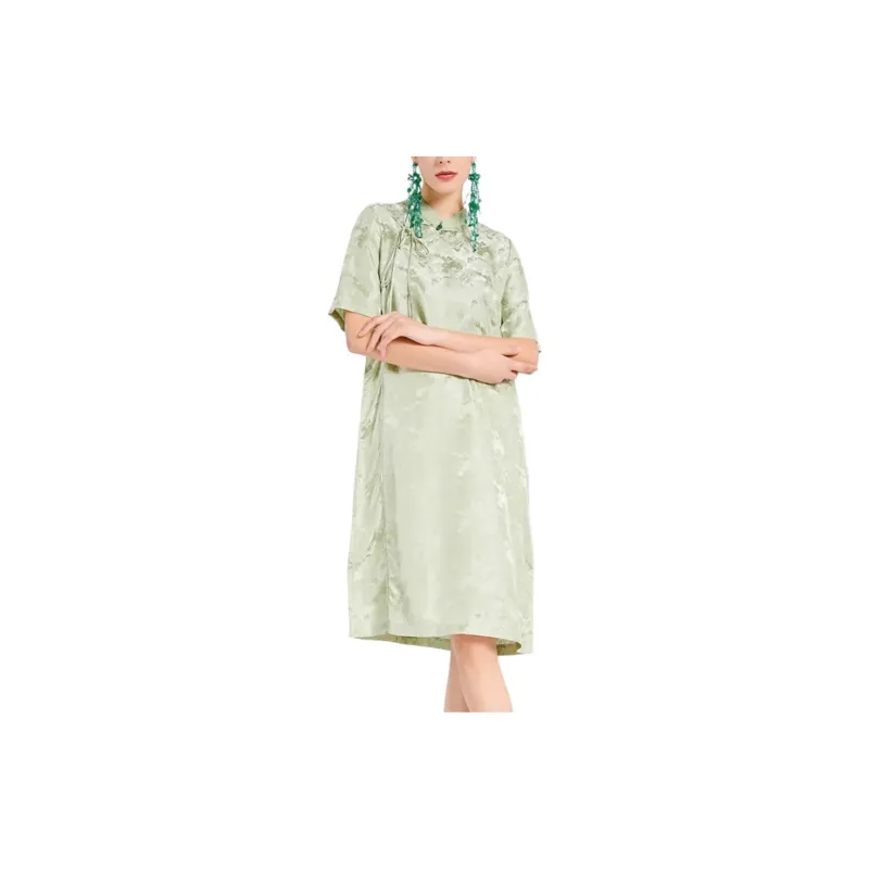 BESIONIA SS24 Short Sleeved Dress Women's Green Floral Pattern-3