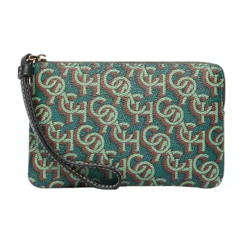 COACH Corner Zip Canvas With Leather Wrist Bags Clutches Small Size Women's Green