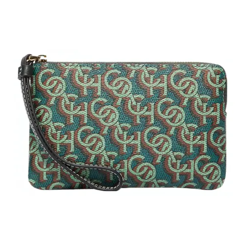 COACH Corner Zip Canvas With Leather Wrist Bags Clutches Small Size Women's Green