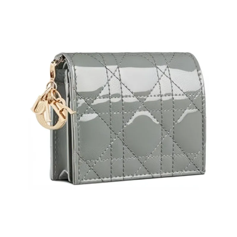 DIOR Lady Dior Patent Leather Cowhide Wallet Women's Candy Color Rock Gray-2