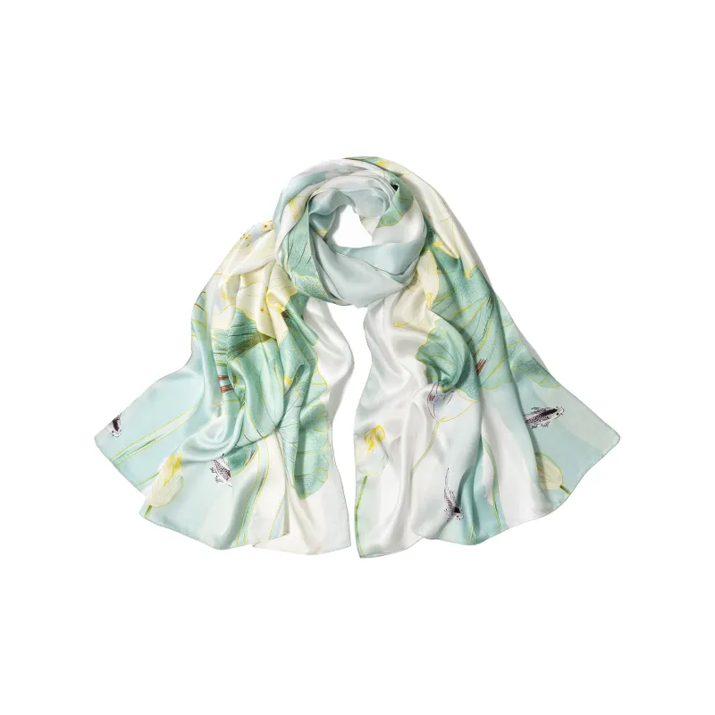 Shanghai Story 100% Mulberry Silk Scarves Women's Summer Solstice Listening To Lotus, Gift Box Set-0