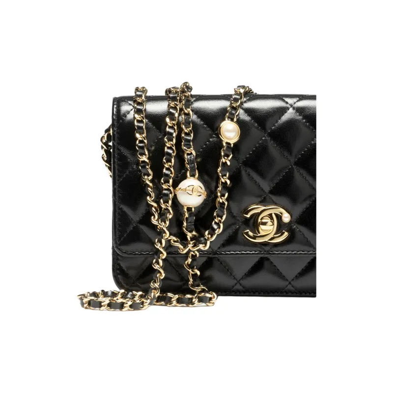 CHANEL Lambskin With Artificial Pearl Shoulder Bag, Crossbody Bag, Wallet Women's Black-3