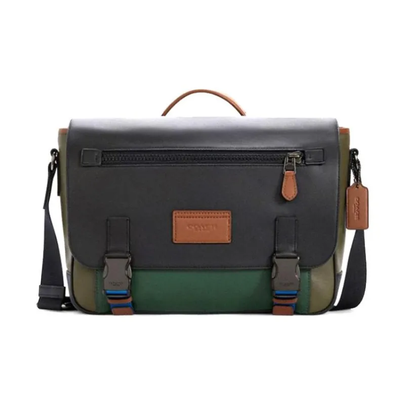COACH Track Leather Messenger Bag Crossbody Bags Large Size Men's Black & Green-0