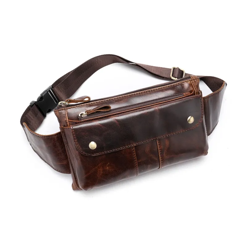 DOSRFINI Cow Leather Fanny Pack Medium Size Men's Coffee/Black/Oil Coffee-1