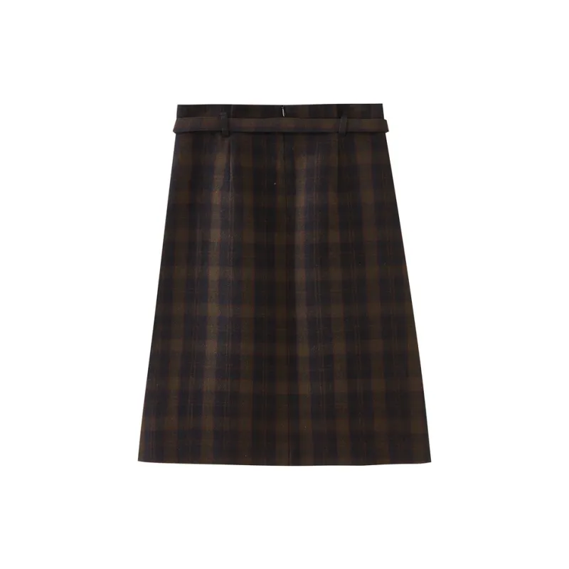 SHUIYUNJIAN Casual Long Skirts Women's Navy Blue Plaid-1