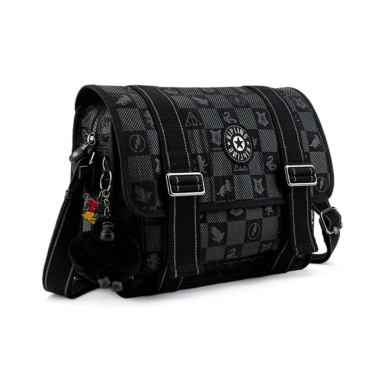 Kipling Polyamide Monkey Bag, Messenger Bag, Shoulder Bag Medium Size Unisex Black Gray Harry Potter Monogram-1