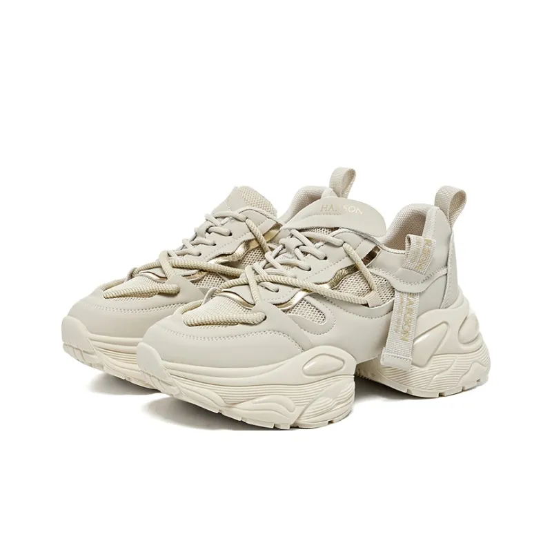 HARSON Chunky Sneakers Women's Low Top Greige/Beige Gold-1