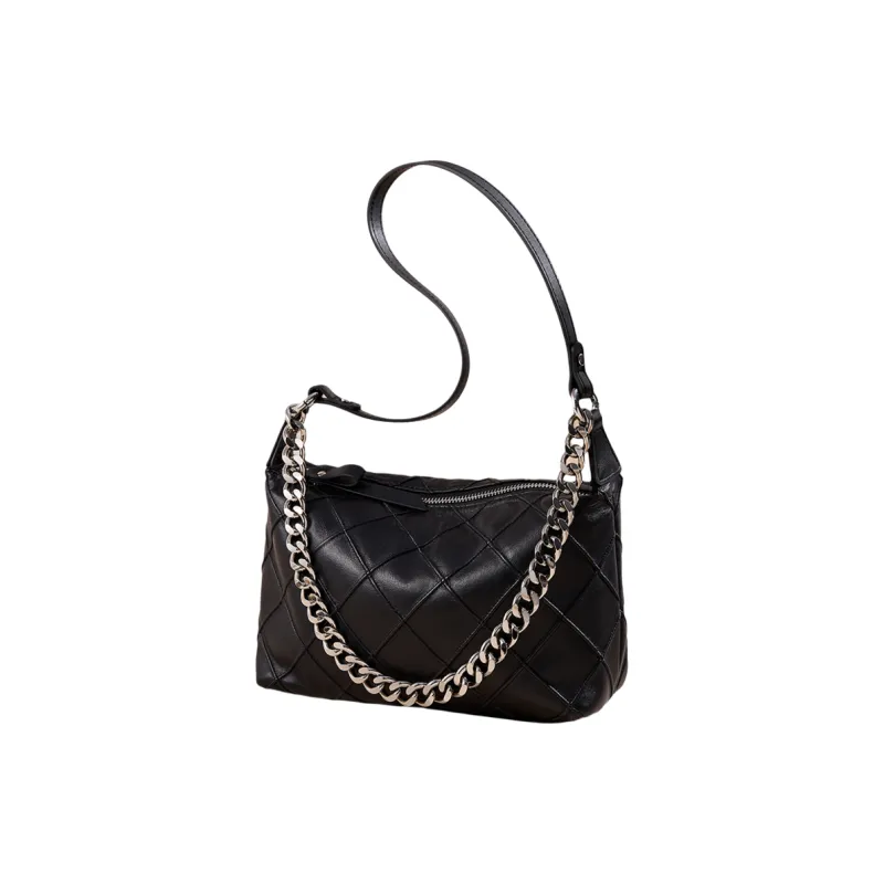 DIFENISE Top Grain Cow Leather Shoulder Bag Women's Milkshake White/Black-7