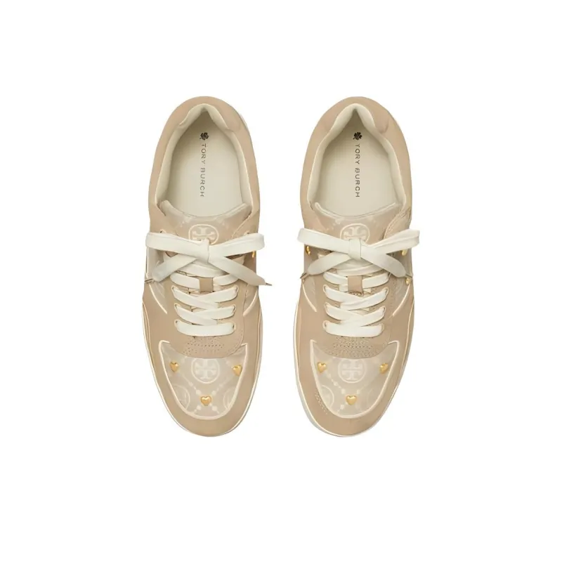 TORY BURCH T Monogram Low Top Skateboard Shoes Women's Beige-3