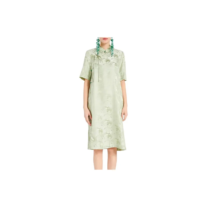 BESIONIA SS24 Short Sleeved Dress Women's Green Floral Pattern-1