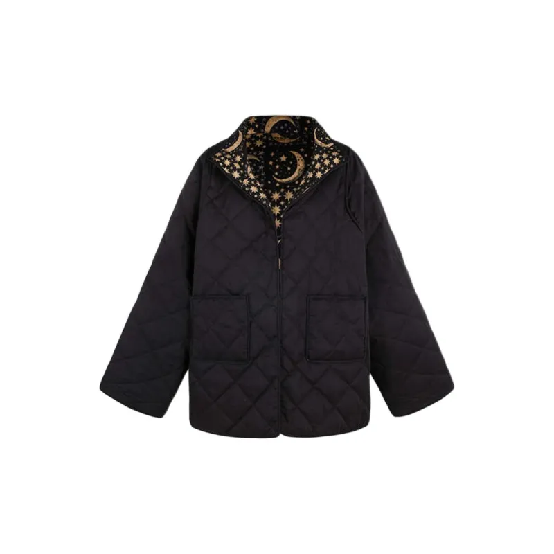 Selkie Collection FW24 Puffer Jacket Women's Navy Blue Base With Moon And Star Plaid Print-1