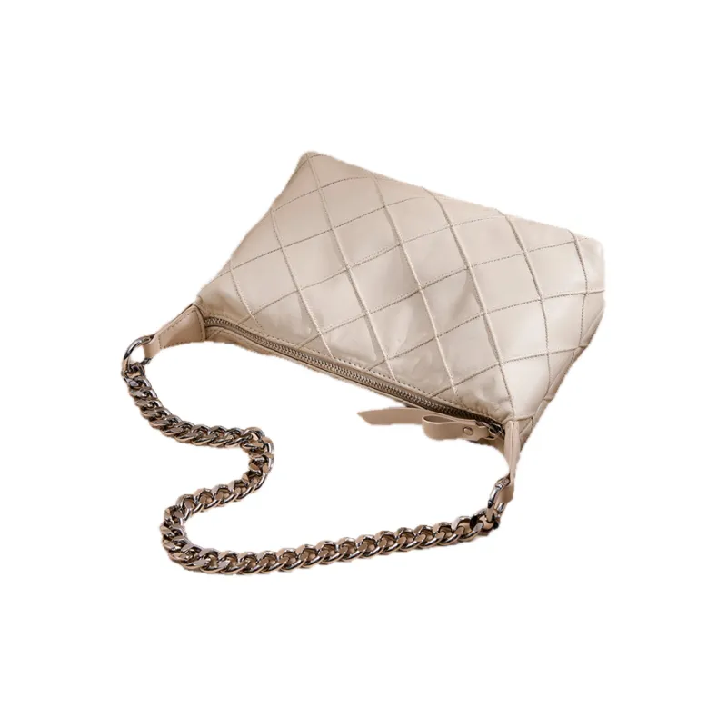 DIFENISE Top Grain Cow Leather Shoulder Bag Women's Milkshake White/Black-3