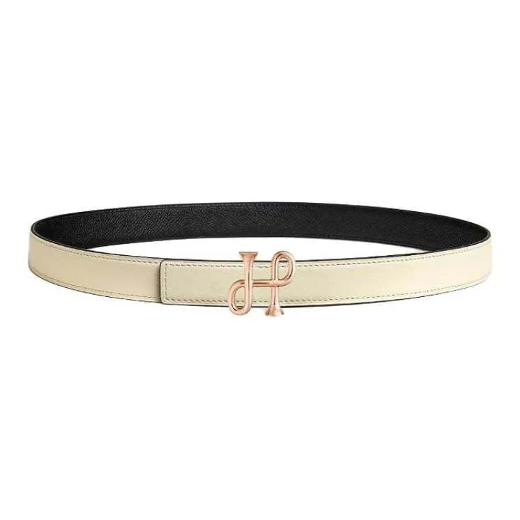 HERMES Calfskin Leather Belts Women's Black/Beige Width 2.4CM-1
