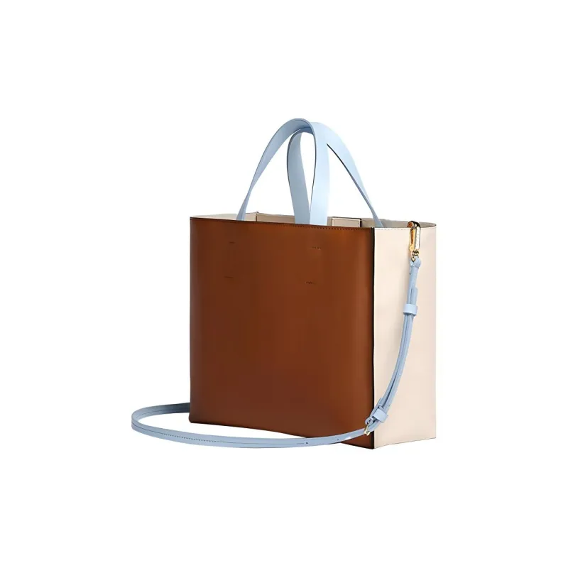 MARNI Leather Tote Bag, Shopping Bag, Handbag Trumpets Women's White Brown/Light Blue-2