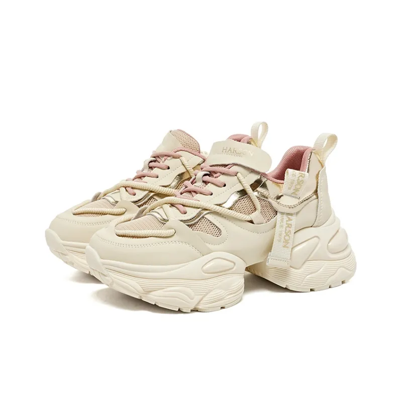 HARSON Chunky Sneakers Women's Low Top Greige/Beige Gold-6