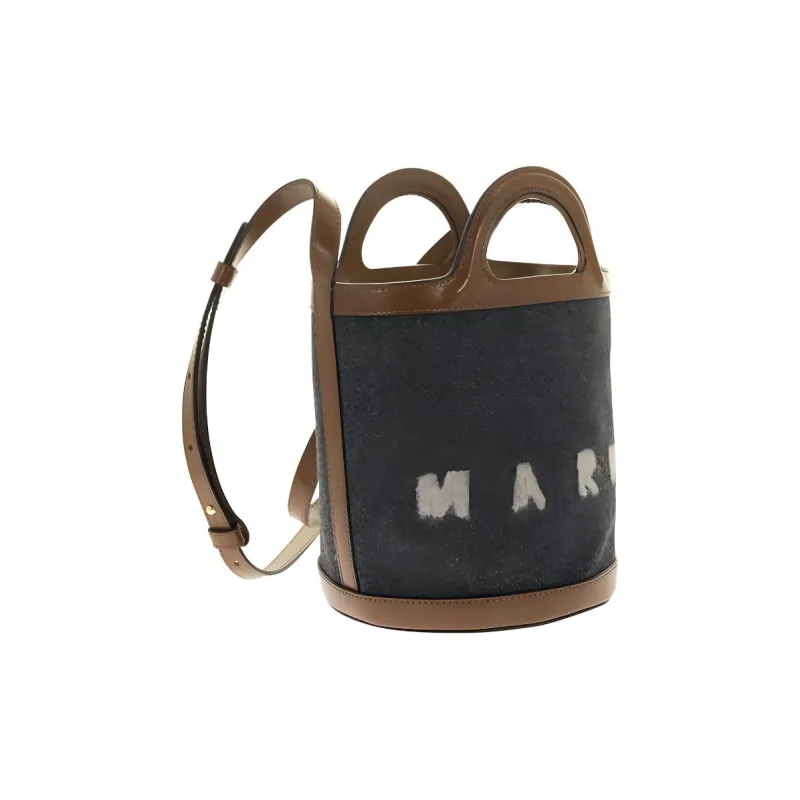 MARNI Cotton With Cow Leather Trim Bucket Bag, Portable Crossbody Bag, Shoulder Bag Women's Gray-1