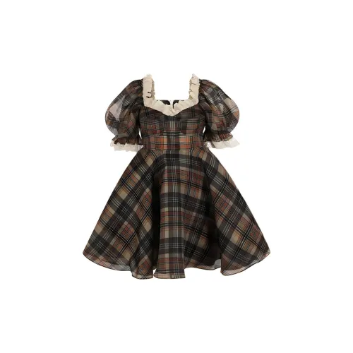 Selkie Collection FW24 Short Sleeved Dresses Women's Brown Base With Houndstooth Pattern Print