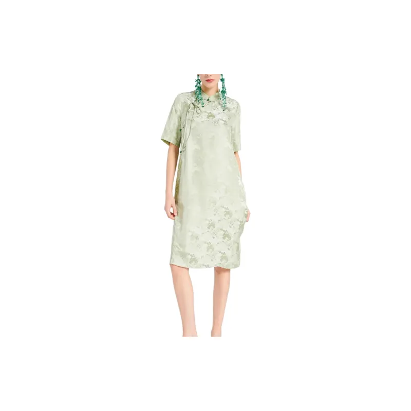 BESIONIA SS24 Short Sleeved Dress Women's Green Floral Pattern-2
