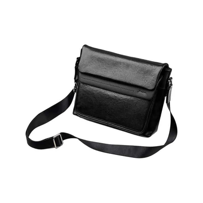 Jeep Top Grain Cow Leather Crossbody Bag Shoulder Bag Large Size Men's Black-2