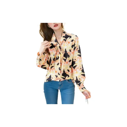 Wbwq Shirts Women's Light Yellow Floral Pattern