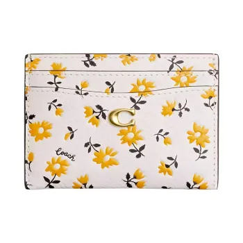 COACH Card Case Polished Pebble Leather Card Holder Mini Women's Brass & Chalk Multicolor