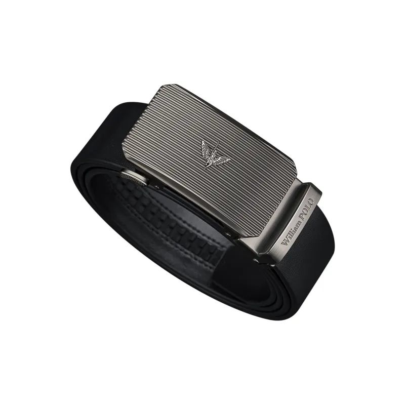 WilliamPOLO Cow Leather Leather Belts Men's Silver Buckle Black Strap 3.5cm Width-1