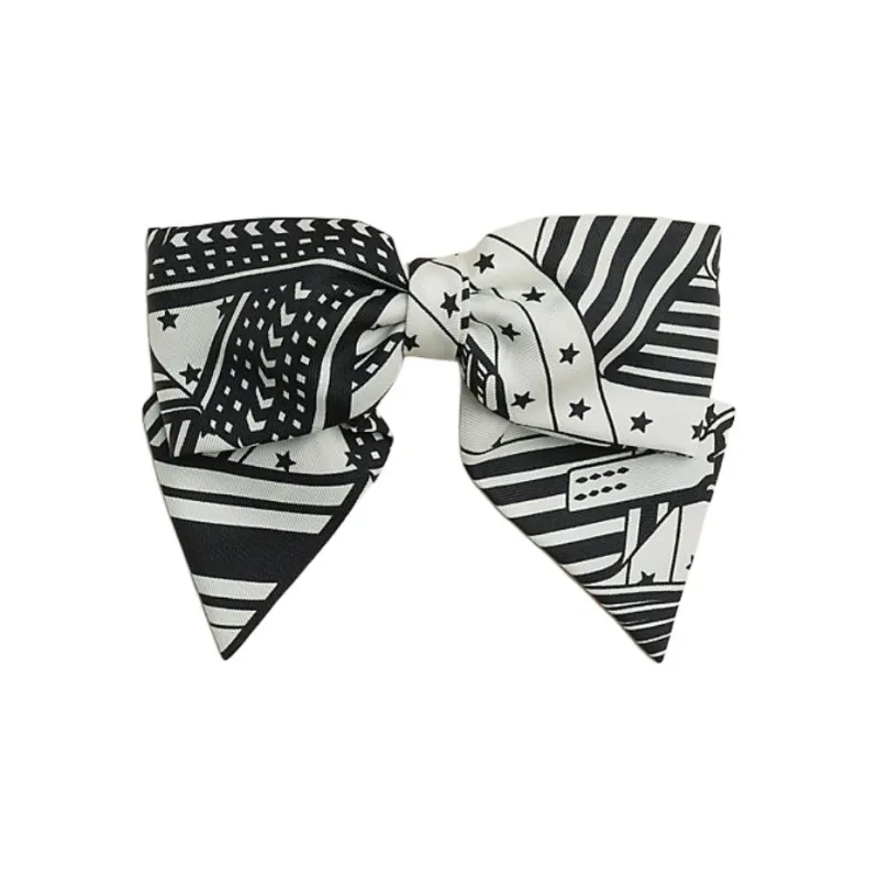 HERMES Silk Twill Hair Clips Women's Black White-0