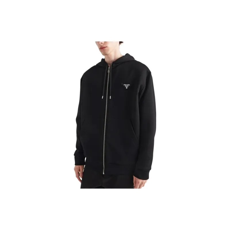PRADA Logo Appliqué Zip Up Drawstring Hoodie-4