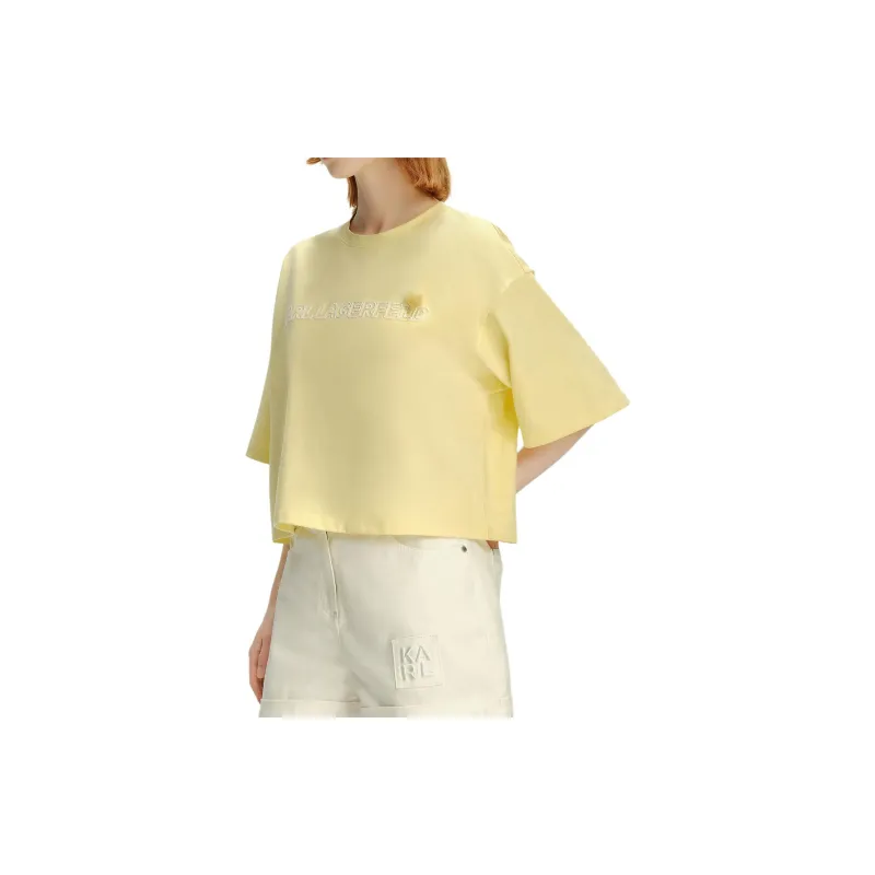 KARL LAGERFELD Solid Color Crew Neck Loose Fit Print Short Sleeved Shirt T Shirt Women's Yellow-1