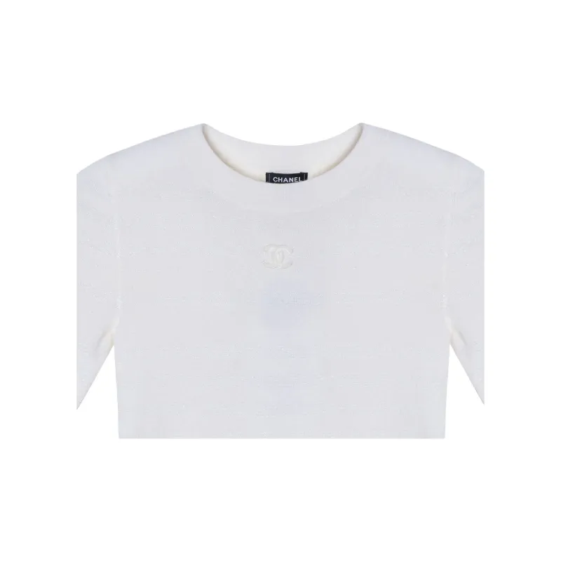 CHANEL Solid Color Crew Neck Straight Fit Short Sleeved Shirt T Shirt Women's White-2
