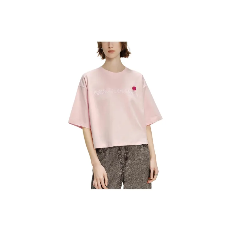 KARL LAGERFELD Solid Color Crew Neck Loose Fit Print Short Sleeved Shirt T Shirt Women's Pink-2