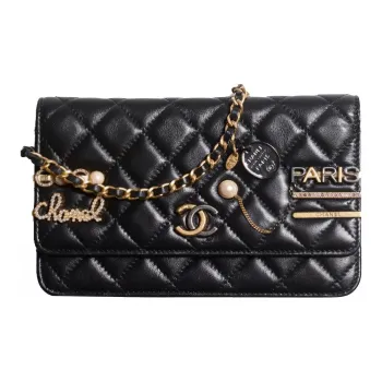 CHANEL Sheepskin WOC Wallet On Chain Cell Phone Pouch Crossbody Bag Women's Black