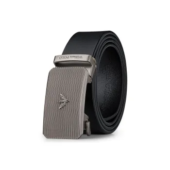 WilliamPOLO Cow Leather Leather Belts Men's Silver Buckle Black Strap 3.5cm Width