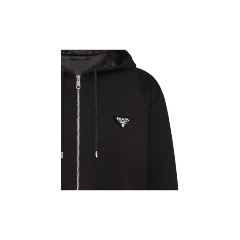 PRADA Logo Appliqué Zip Up Drawstring Hoodie-6