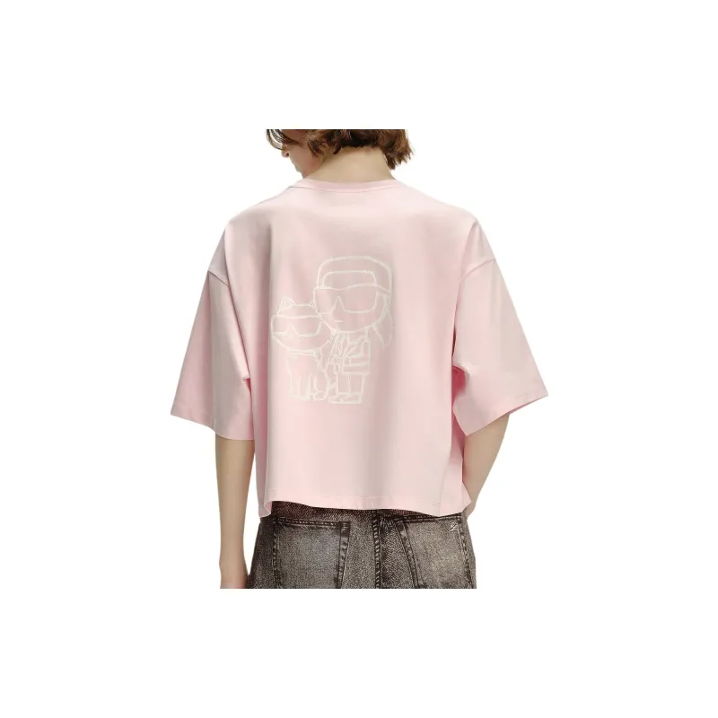 KARL LAGERFELD Solid Color Crew Neck Loose Fit Print Short Sleeved Shirt T Shirt Women's Pink-3
