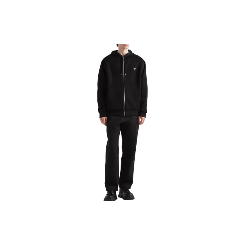 PRADA Logo Appliqué Zip Up Drawstring Hoodie-2