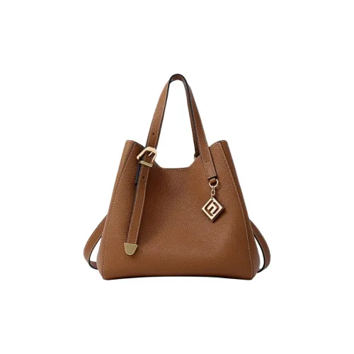 FION Cow Leather Bucket Bags Shoulder Bag Crossbody Bag Handbag Large Size Women's Caramel Brown