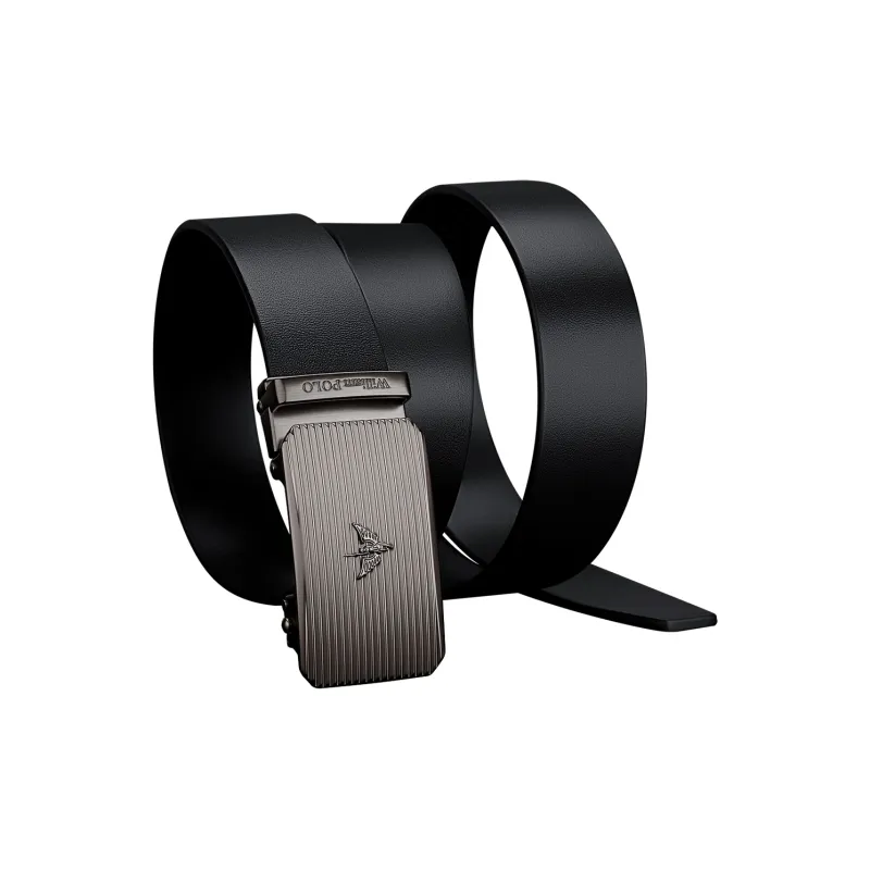 WilliamPOLO Cow Leather Leather Belts Men's Silver Buckle Black Strap 3.5cm Width-3