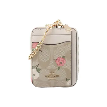 COACH Card Case Coated Canvas With Smooth Leather Zipper Card Holder Mini Women's Gold & Light Khaki Chalk