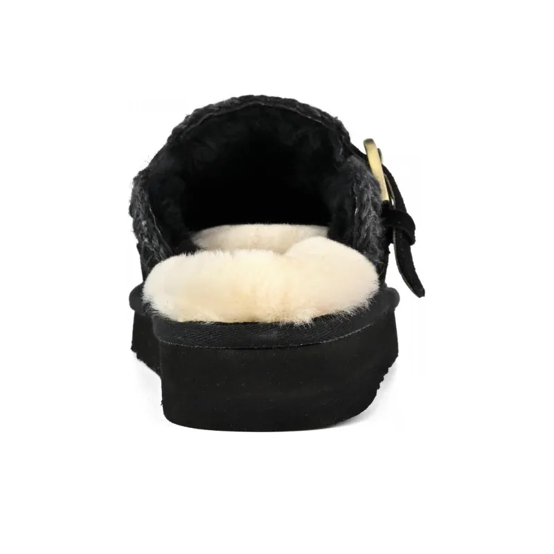 MOU Rubber Sole EVA Fuzzy Slip Resistant Closed Toe Slippers Women's Black-4