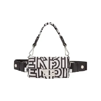FENDI Baguette Cow Leather Handbag Cell Phone Pouch Fanny Pack Mini Men's Black/White
