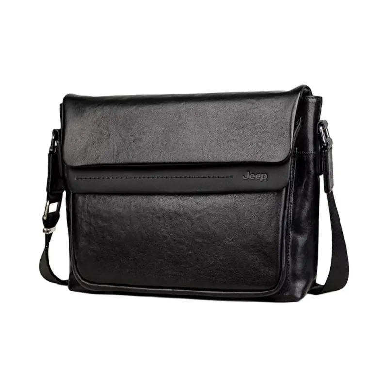 Jeep Top Grain Cow Leather Crossbody Bag Shoulder Bag Large Size Men's Black-1