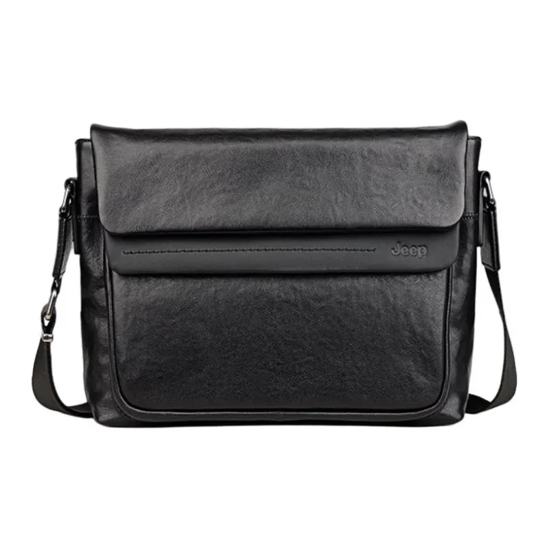 Jeep Top Grain Cow Leather Crossbody Bag Shoulder Bag Large Size Men's Black-0