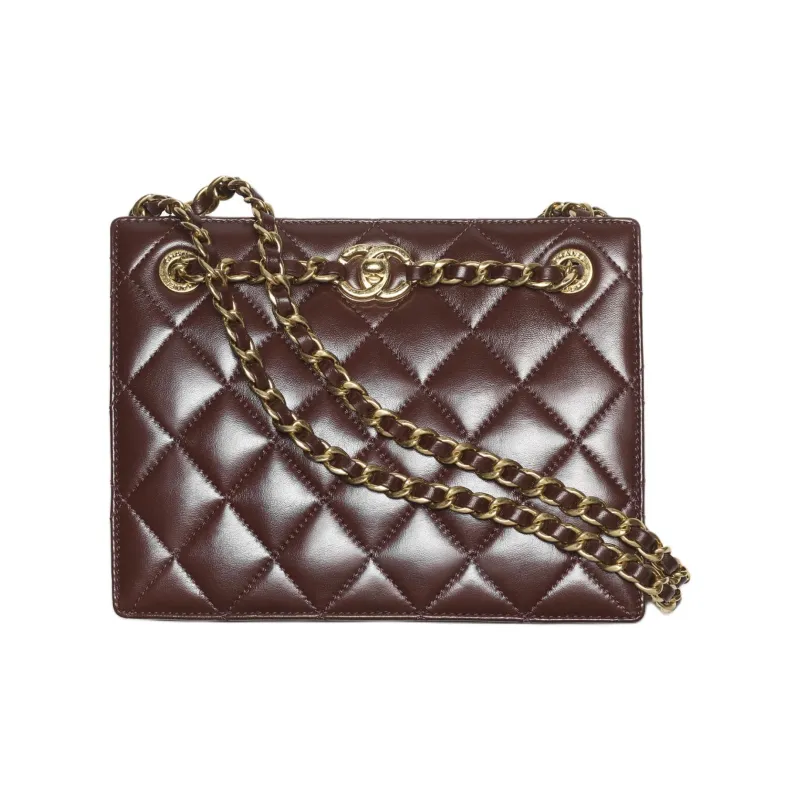 CHANEL Lambskin Tote Bag, Shopping Bag, Shoulder Bag, Handbag Trumpets Women's Dark Brown-0