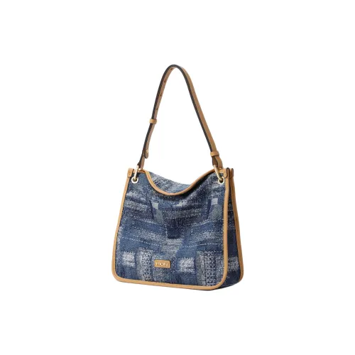 FION Fabric Tote Bag Shopping Bag Shoulder Bags Large Size Women's Blue & Light Camel