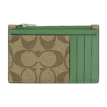 COACH Card Case Signature Coated Canvas With Exquisite Calfskin Wallet Mini Men's Khaki & Light Green