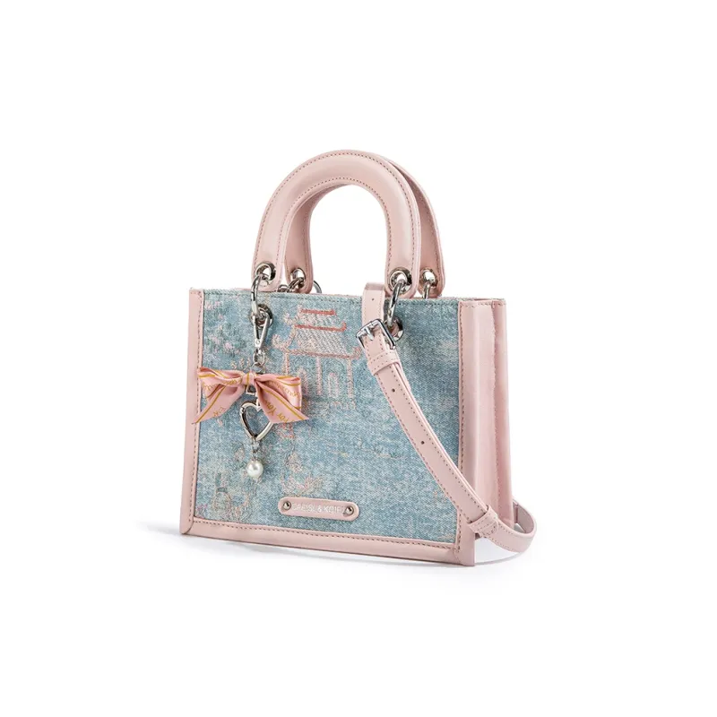 CAEISL&KCIEL Polyurethane Synthetic Leather Handbag Women's Blue And White Embroidered Pink-2